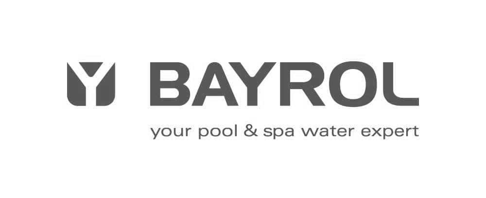 Logo von BAYROL, grauer Text "your pool & spa water expert" mit stilisiertem Symbol links.