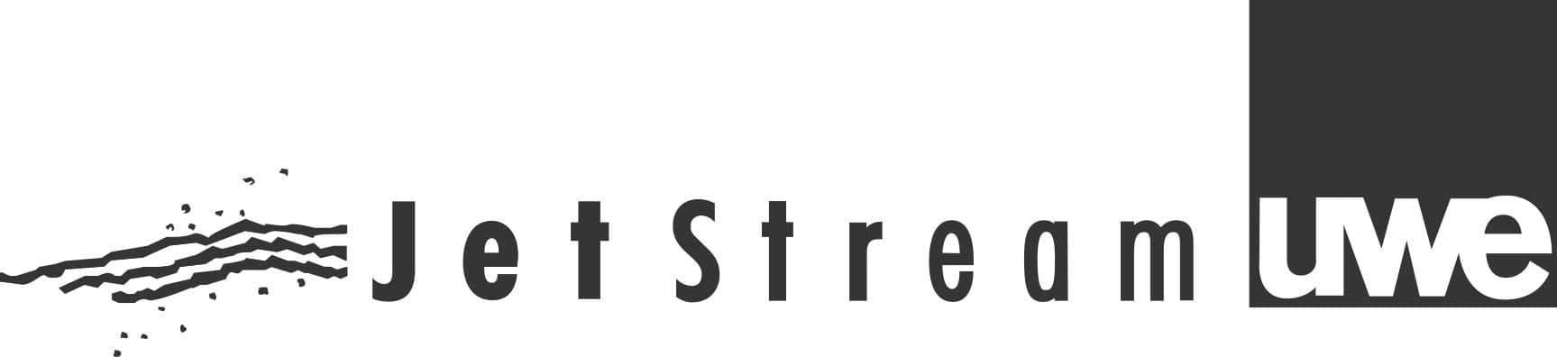 Schwarz-weißes Logo mit Text "Jet Stream UWE" und stilisierten Luftströmungen links.