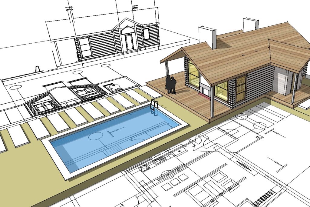 Haus, Architekturprojekt, Skizze, 3d Illustration