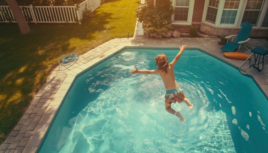 Selbstgebauter aufblasbarer Pool im Garten. Kinder springen ins Wasser. Sommerferien zu Hause.