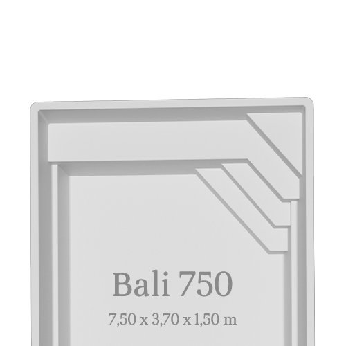 Graues Rechteck mit Schriftzug "Bali 750", Zahlen darunter, geometrisches Muster in der Ecke.