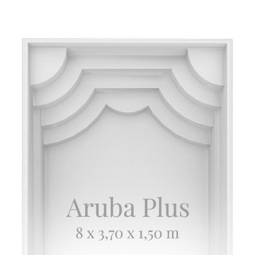 Weiße, rechteckige Aruba Plus Architektur mit abgerundeten Ecken, Texturdetails und Maßen.