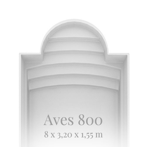 Graues Schwimmbecken, oben rund, mit gestuften Kanten, Maße: 8x3,20x1,55 m, Beschriftung: "Aves 800".