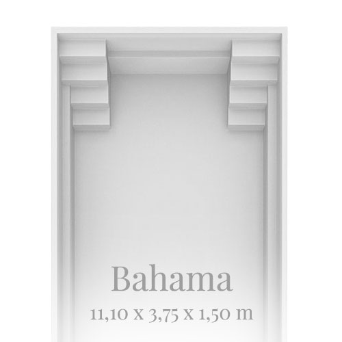 Rechteckiger grauer Pool, Stufen an einer Seite, Maße 11,10 x 3,75 x 1,50 m, Beschriftung "Bahama".