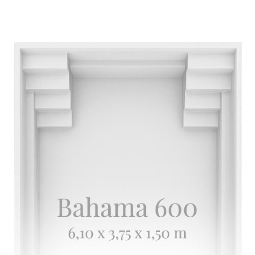 Schematische Darstellung eines rechteckigen Poolmodells "Bahama 600" mit Treppen und Maßen.