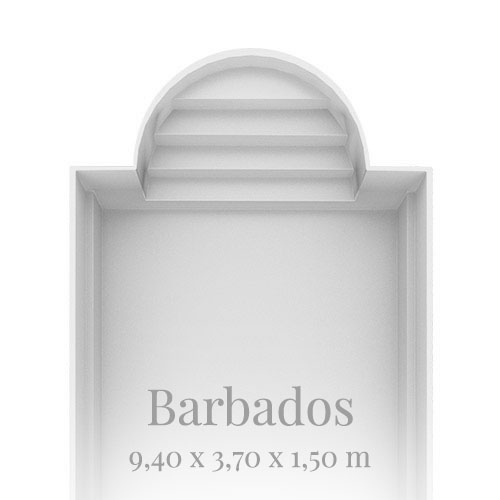 Rechteckiger Pool mit runden Stufen, graue Farbe, Bezeichnung "Barbados" und Maße in Metern.