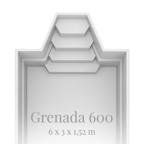 Grauer Pool im Querschnitt mit mehreren Stufen und Text: „Grenada 600, 6 x 3 x 1,52 m“.