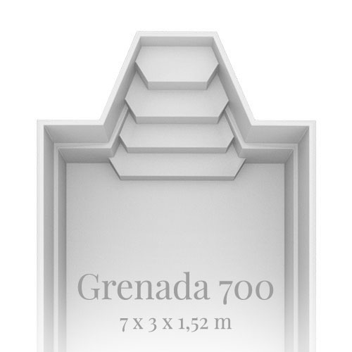 Schwimmbecken, graue Stufen, rechteckig, schlichtes Design, Aufschrift "Grenada 700".
