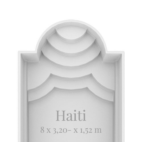 Ein rechteckiger, grauer Pool mit gewelltem Rand; beschriftet mit "Haiti 8 x 3,20 x 1,52 m".