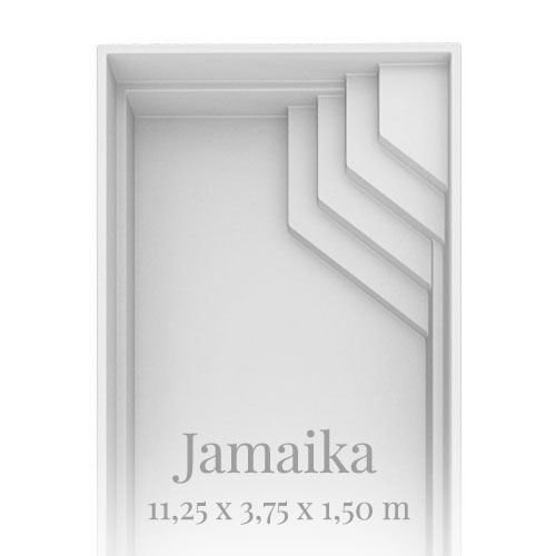 Rechteckiger Pool mit Stufen und Schriftzug "Jamaika 11,25 x 3,75 x 1,50 m" in Grautönen.