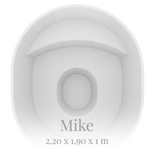 Weiße, ovale Struktur mit erhöhten Bereichen und dem Text "Mike 2,20 x 1,90 x 1 m" darunter.