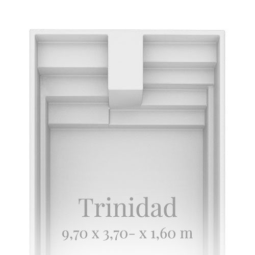 Weiße rechteckige Struktur mit Stufen und Aufschrift "Trinidad, 9,70 x 3,70 - x 1,60 m".