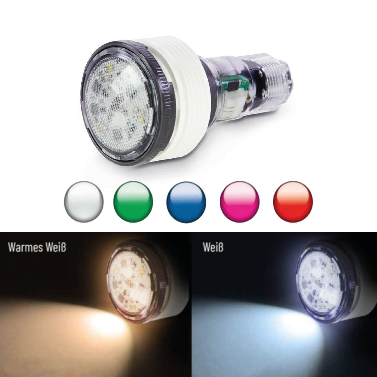 Eine LED-Glühbirne zeigt Licht in verschiedenen Farben und Weißtönen.