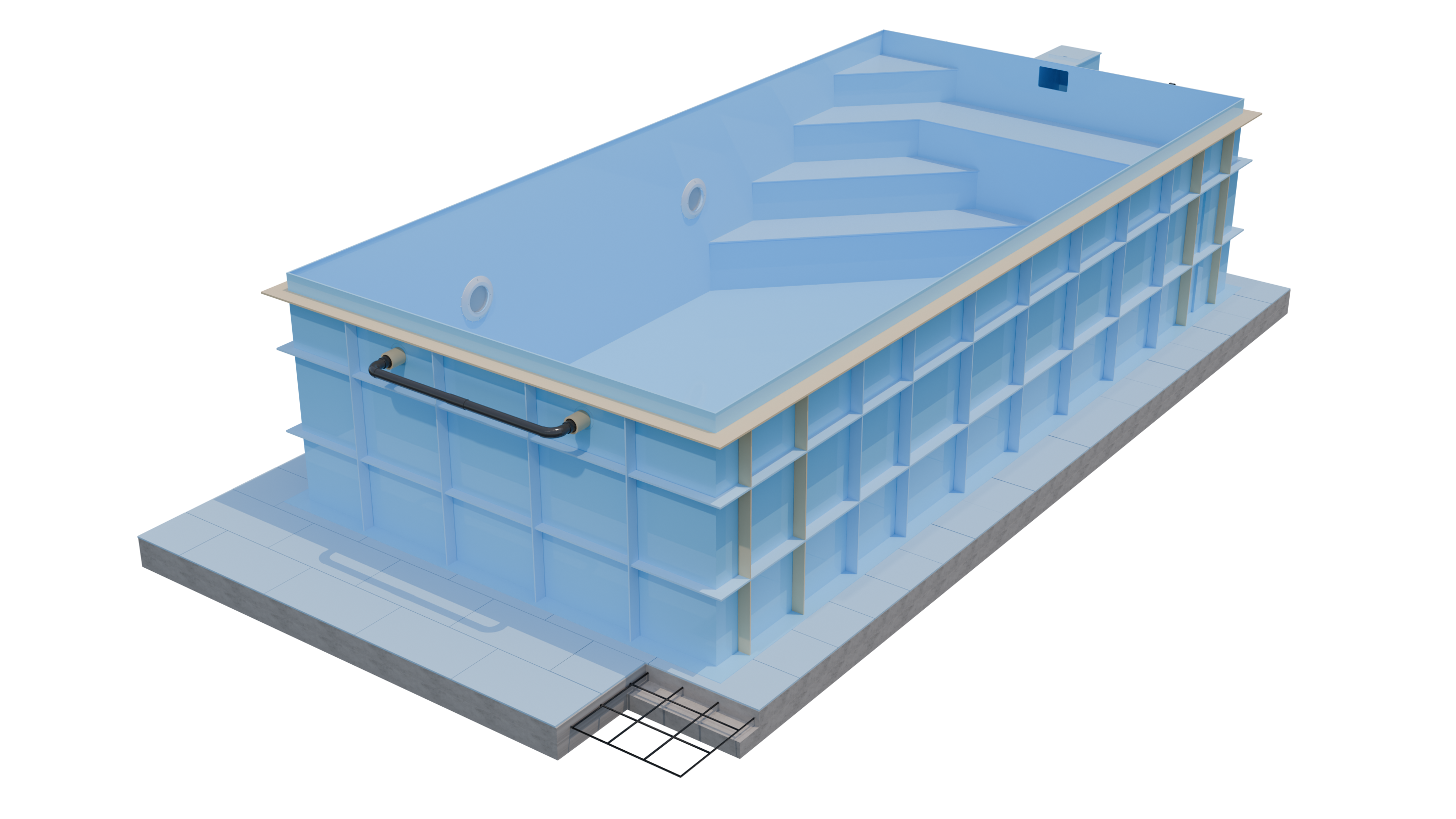 Ein großes, rechteckiges blaues Aquarium mit Stufen und Bullaugenfenstern.