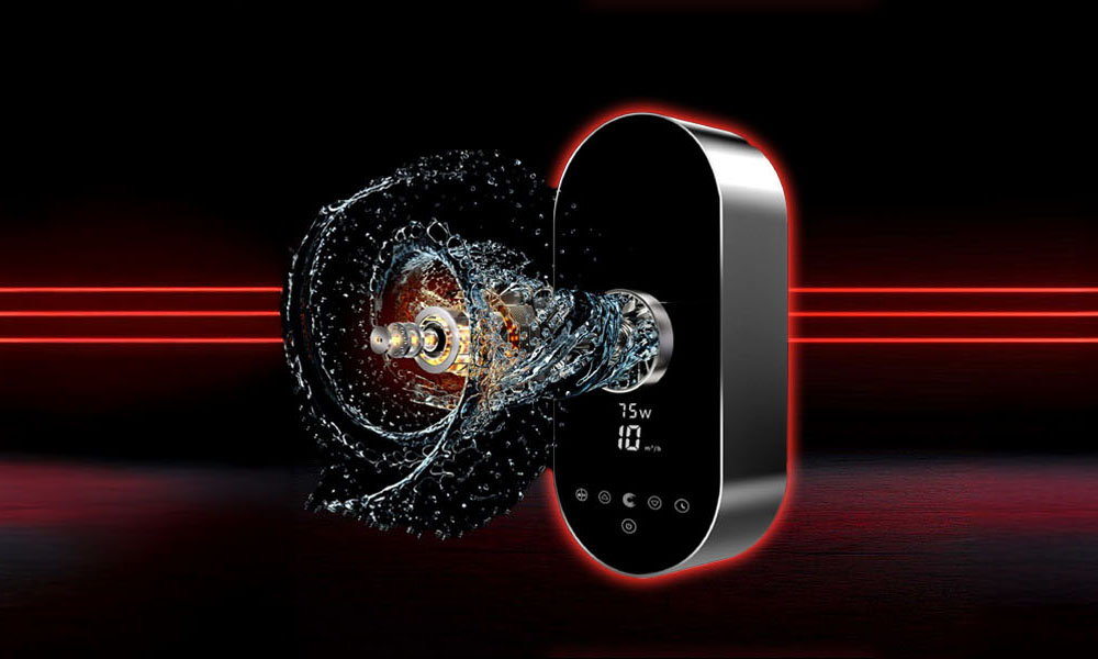 Schwarzes Gerät mit Anzeige, Wasserspritzeneffekt, rotes Licht. Futuristisches Design.