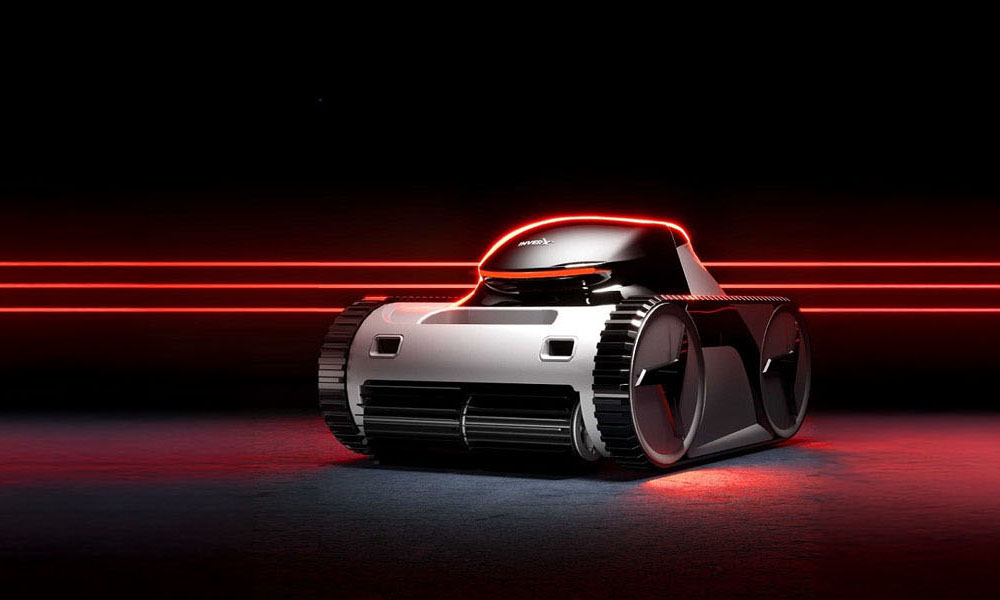 Ein moderner, schwarz-roter Rasenmähroboter mit leuchtenden Linien auf dunklem Hintergrund.