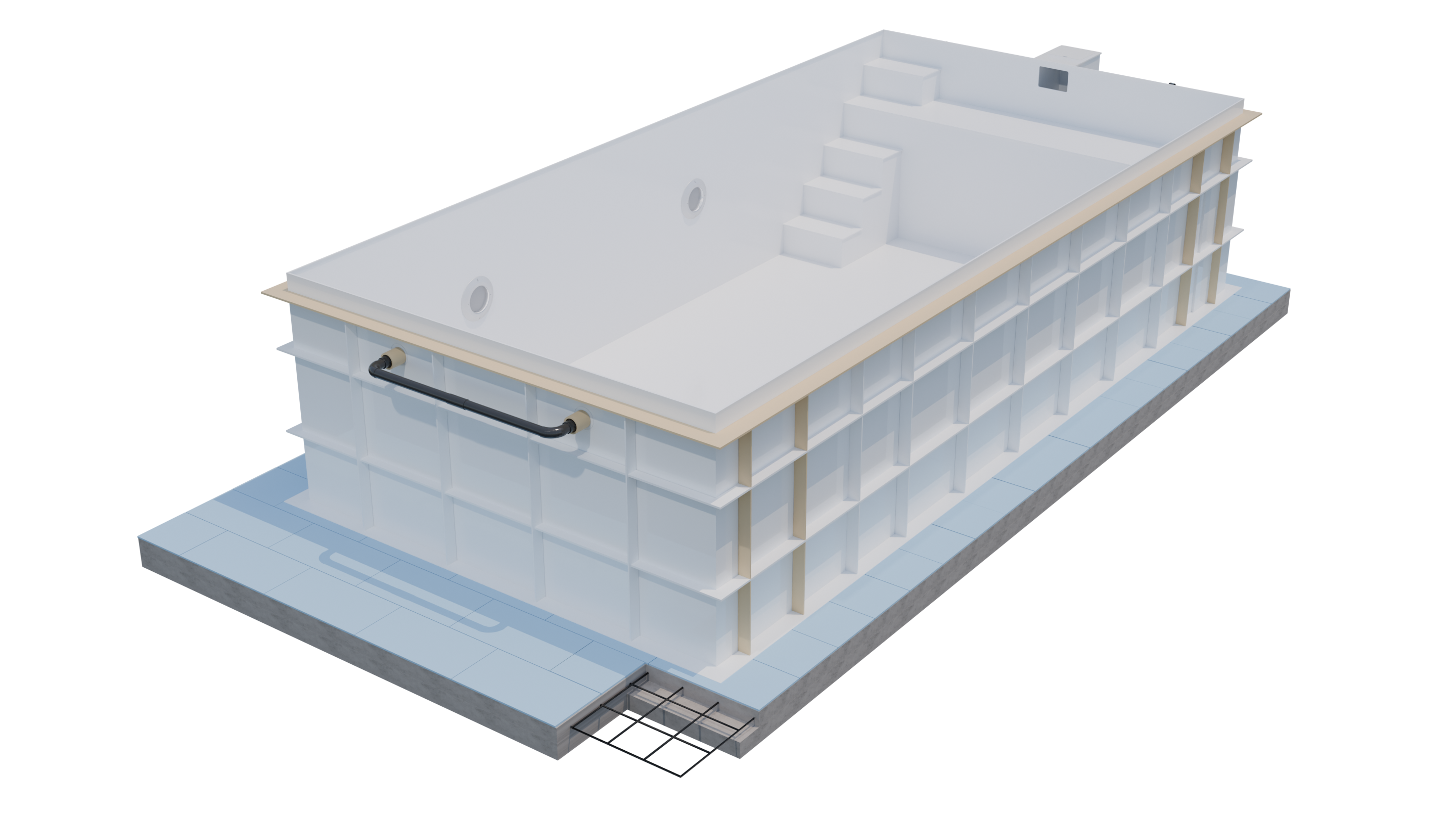Ein 3D-Modell eines großen weißen rechteckigen Pools mit Stufen und sichtbarer Struktur.