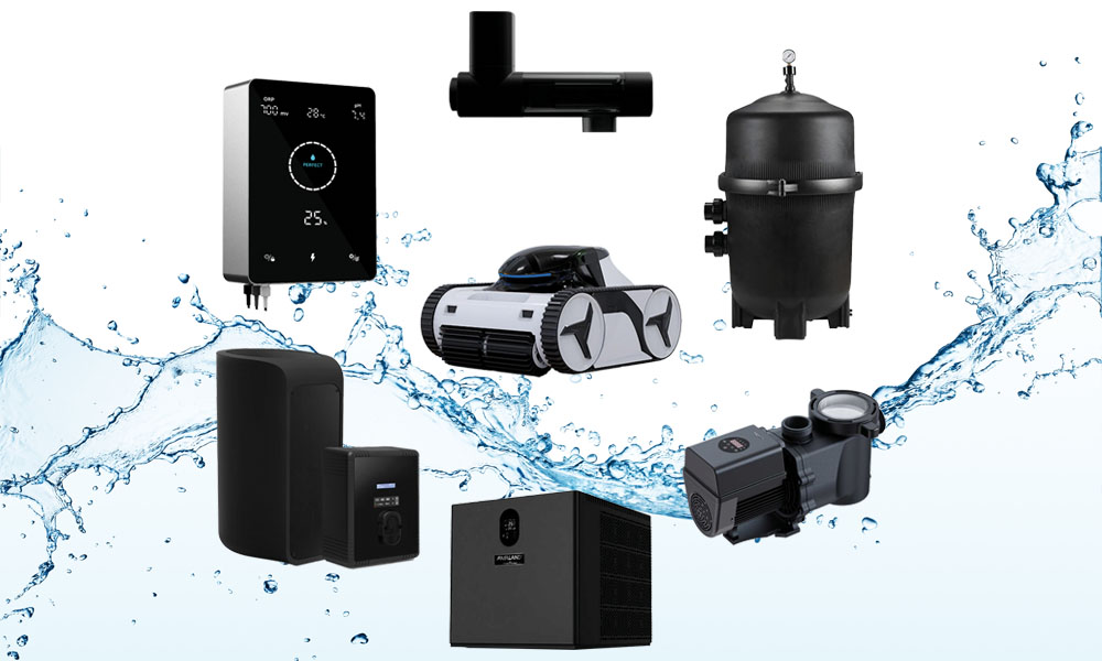 Verschiedene Poolgeräte vor einem Hintergrund mit Wasserspritzer, schwarz und weiß.