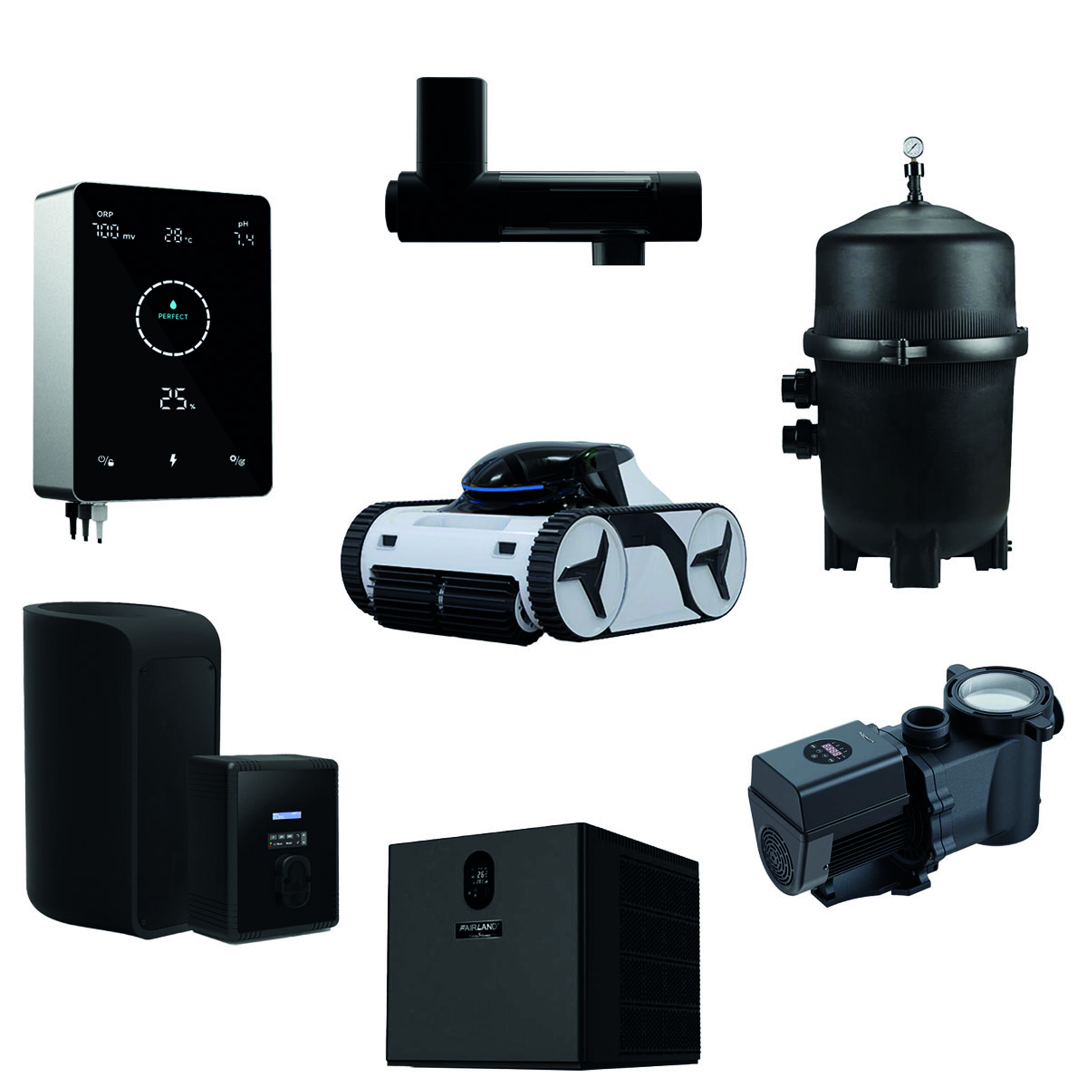 Verschiedene Schwimmbadgeräte in Schwarz und Grau, modern gestaltet mit digitaler Anzeige.