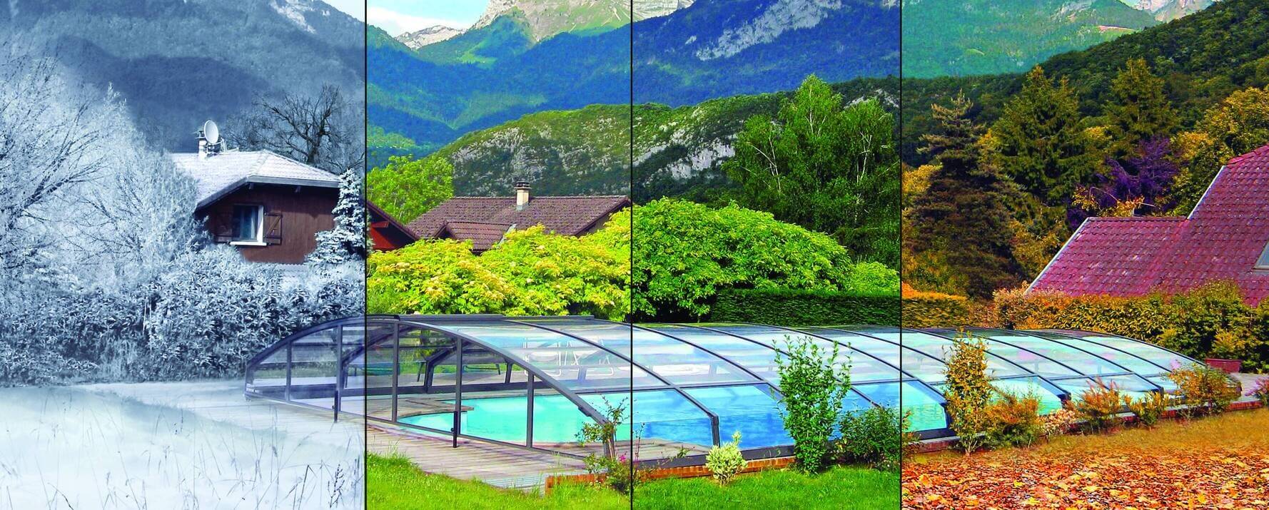Ein Haus mit transparentem Glasdachpool in vier Jahreszeitenansicht: Winter, Frühling, Sommer, Herbst.
