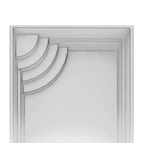 Graue geometrische Form auf weißem Hintergrund mit geschwungenen Ecken und Linien.