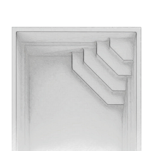 Schwarzweiß-Skizze eines abstrakten geometrischen Designs mit Treppenähnlichen Elementen.