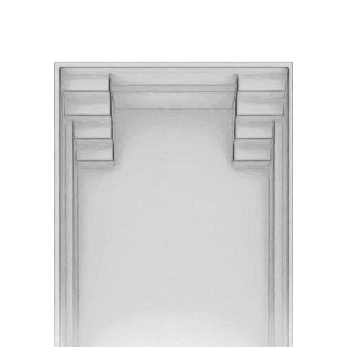 Ein leerer, rechteckiger Bilderrahmen mit grauen, strukturierten Verzierungen an den oberen Ecken.