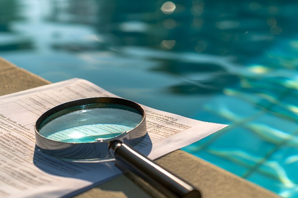 Dokumente mit einem Vergrößerungsglas neben dem Swimmingpool. Swimmingpool-Inspektionskonzept